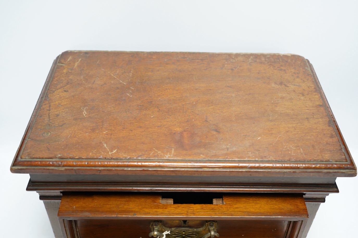 A Victorian mahogany two drawer table top cabinet, 37cm. Condition - fair